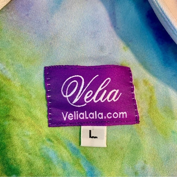 NWT Mini Dress Large by Artist Velia Lala Blues Purples Greens Keyhole Stretchy - Picture 12 of 16